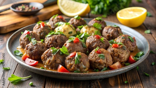 Scrumptious and tender homemade meatballs in a rich tomato sauce, garnished with parsley and cherry tomatoes. photo