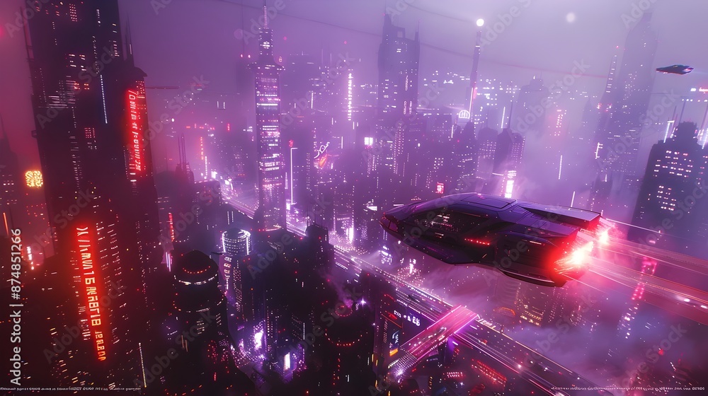 Fototapeta premium Futuristic Cityscape with Neon Lights and Hovering Cars at Night