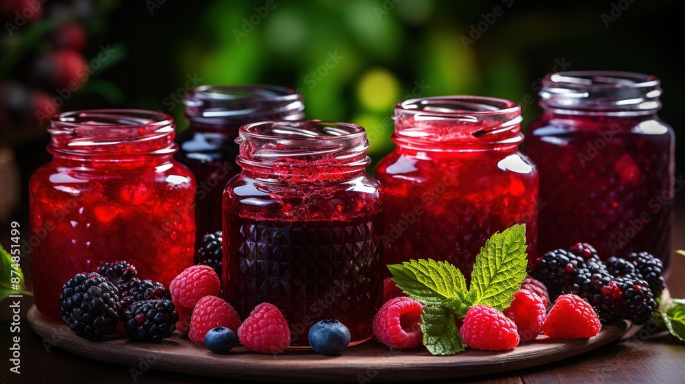 Glass jars with different kinds of jam and berries on wooden table Glass jars with different kinds of jam and berries on wooden table