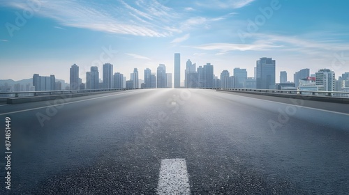 Empty wide asphalt road and city skyline. Side asphalt tarmac floor with buildings and modern cityscape. 