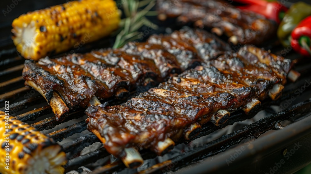 BBQ Spread: A detail shot of a BBQ grill loaded with ribs and sides like corn on the cob and peppers. BBQ Spread: A detail shot of a BBQ grill loaded with ribs and sides like corn on the cob and peppers.