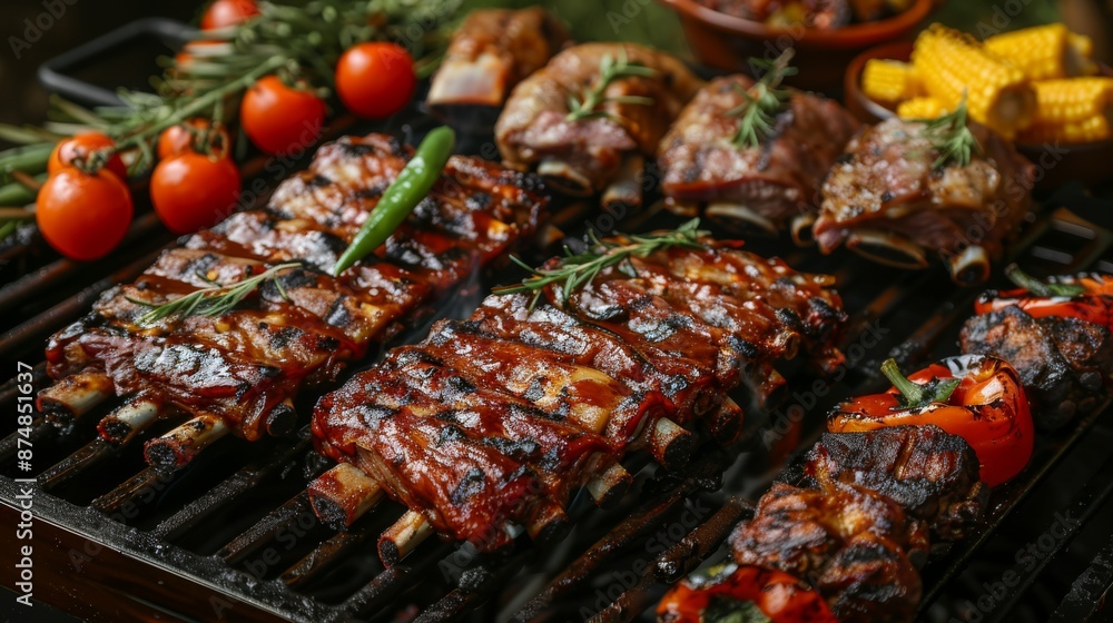 BBQ Spread: A detail shot of a BBQ grill loaded with ribs and sides like corn on the cob and peppers. BBQ Spread: A detail shot of a BBQ grill loaded with ribs and sides like corn on the cob and peppers.