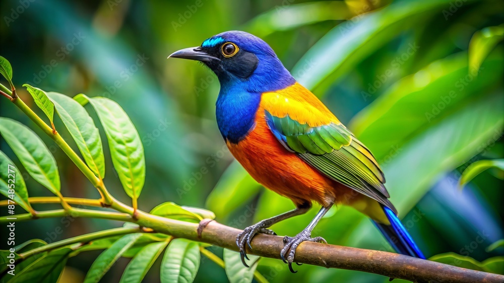 Vibrant tropical bird perched on a branch amidst lush green foliage, radiating vivid hues of blue, orange, and yellow. Vibrant tropical bird perched on a branch amidst lush green foliage, radiating vivid hues of blue, orange, and yellow.