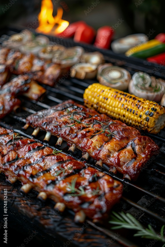 BBQ Spread: A detail shot of a BBQ grill loaded with ribs and sides like corn on the cob and peppers. BBQ Spread: A detail shot of a BBQ grill loaded with ribs and sides like corn on the cob and peppers.