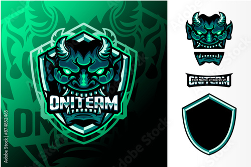 Oni Mask Logo eSport With Shield. Logo Gaming Team. Ghost Vector With Costume Name