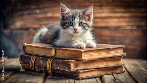 Adorable grey and white kitten lounges peacefully atop a towering stack of worn, leather-bound vintage books in a cozy atmosphere. photo