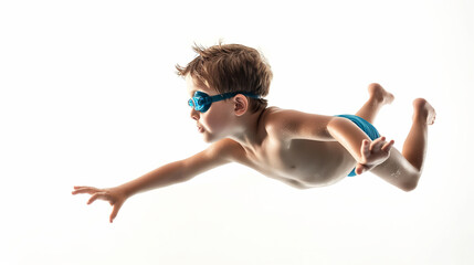 Full length profile shot of a little boy swimmer isolated on white background 