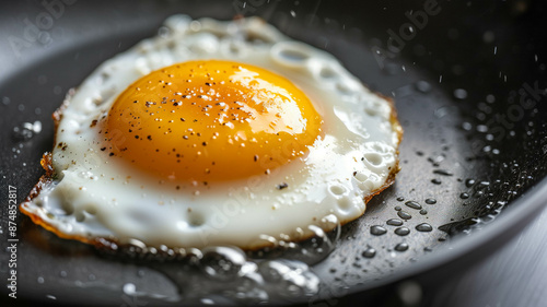 A perfectly cooked fried egg in a non-stick frying pan, with the yolk bright and sunny, stock photography, breakfast, food, cooking, skillet, kitchen, morning