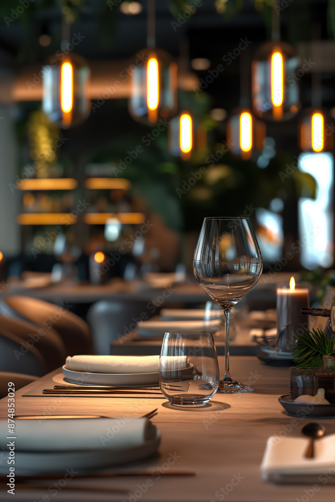 Elegant restaurant table setting awaiting guests with wine glasses and candlelight Elegant restaurant table setting awaiting guests with wine glasses and candlelight