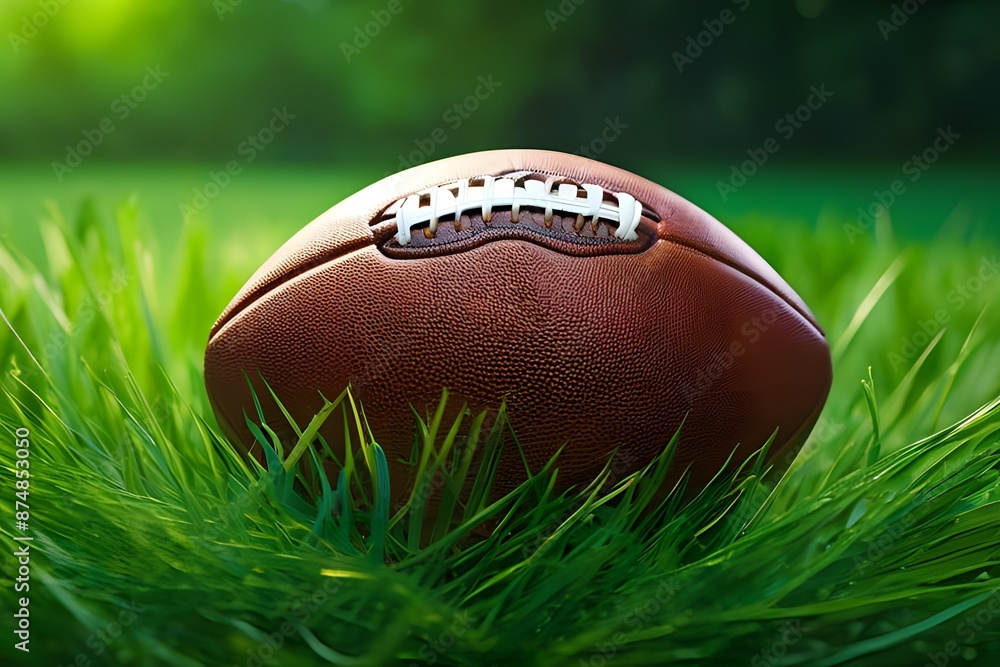 Close-up of American football ball on green grass field. Concept of sport and athletic competition. Close-up of American football ball on green grass field. Concept of sport and athletic competition.