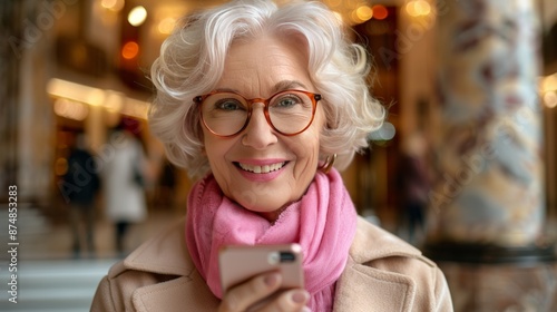 Mature businesswoman smiling with smartphone in office, female executive checking phone in lobby