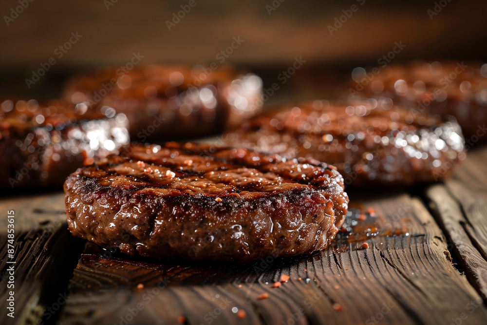 Prepared and grilled burger patties on wooden board. Generative AI Prepared and grilled burger patties on wooden board. Generative AI
