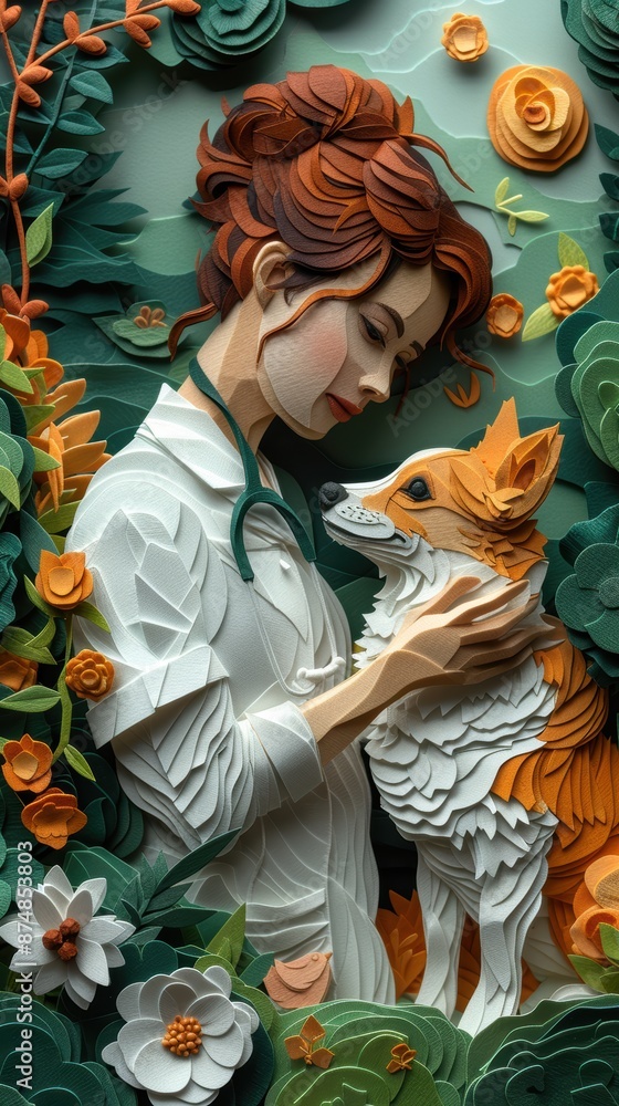 Paper cut veterinarian examining a dog in a clinic. Paper cut veterinarian examining a dog in a clinic.