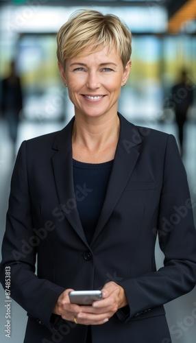 Smiling businesswoman using smartphone in office, female bank manager looking at phone in lobby Free Download Smiling businesswoman using smartphone in office, female bank manager looking at phone in lobby - GFXLoad
