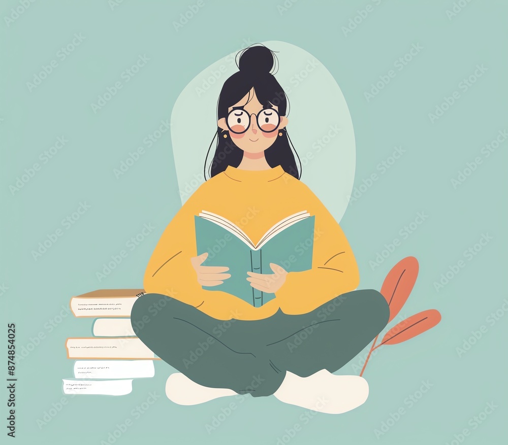 Cartoon Illustration of an Asian Girl Reading and Studying Learning Book, Book Lover Cartoon Style Cartoon Illustration of an Asian Girl Reading and Studying Learning Book, Book Lover Cartoon Style