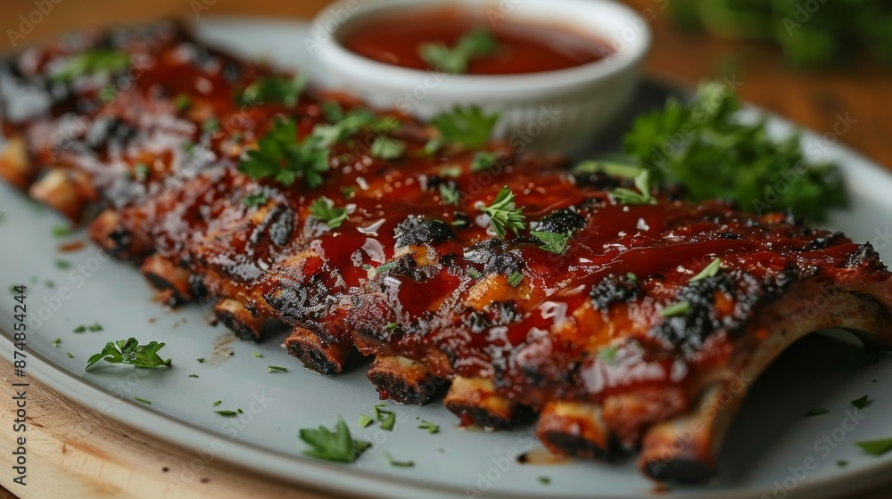 Smokey grilled BBQ Ribs: BBQ ribs placed on a serving platter, with fresh garnishes like parsley and a side of BBQ sauce. Smokey grilled BBQ Ribs: BBQ ribs placed on a serving platter, with fresh garnishes like parsley and a side of BBQ sauce.