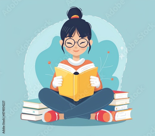 Cartoon Illustration of an Asian Girl Reading and Studying Learning Book, Book Lover Cartoon Style photo