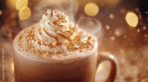 Close-up of a steaming cup of hazelnut hot chocolate with whipped cream