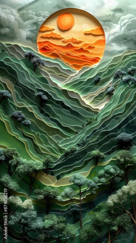 Rice paddies in a paper cut style.