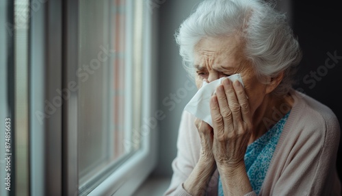 An elderly woman dressed warmly gazing out a window in contemplation, illustrating the introspective moments of senior life and the depth of human emotions.