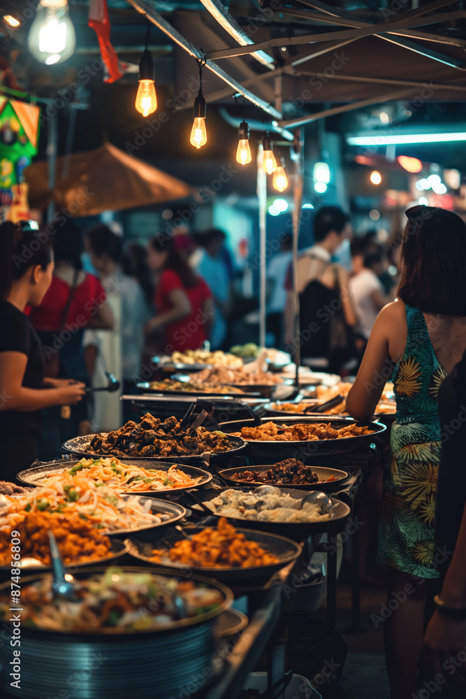 Woman choosing delicious food on night market in asia Woman choosing delicious food on night market in asia