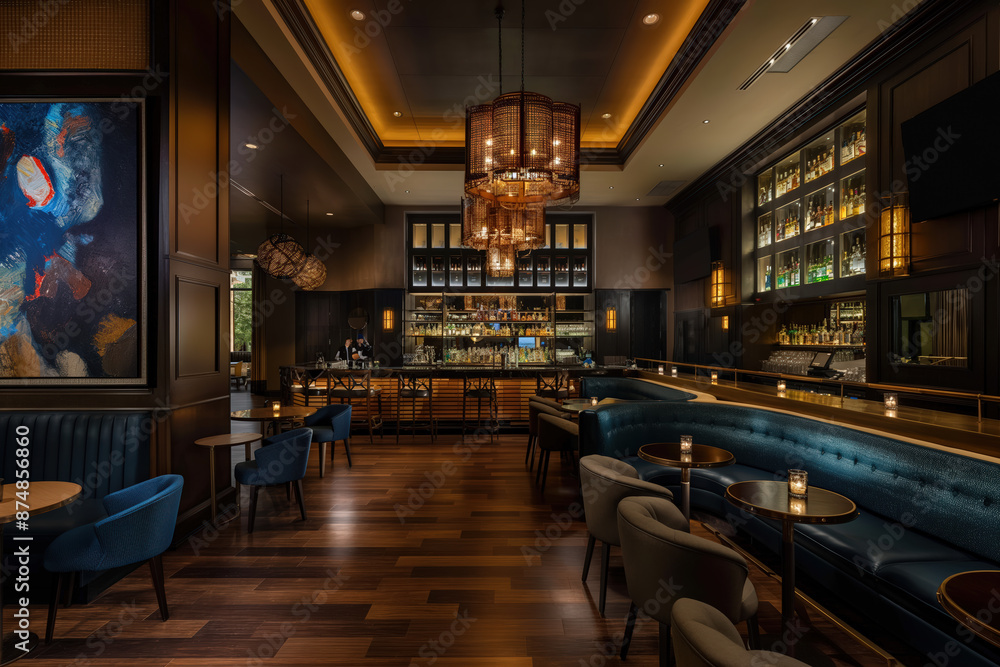 Upscale hotel bar interior with bartender preparing a cocktail Upscale hotel bar interior with bartender preparing a cocktail