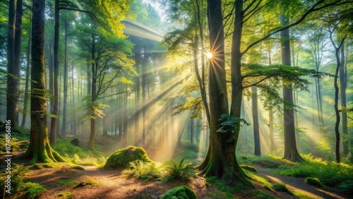 Serene misty morning in dense ancient woodland with tall trees, vibrant greenery, and radiant sunlight filtering through the canopy above. photo