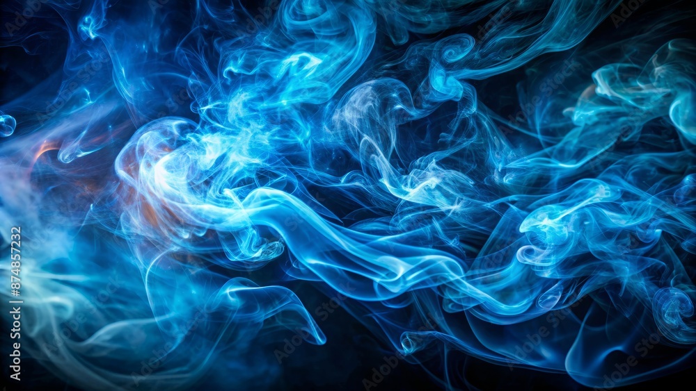 Abstract dark background features intense swirling blue smoke illuminated to accentuate intricate patterns and mesmerizing textures. Abstract dark background features intense swirling blue smoke illuminated to accentuate intricate patterns and mesmerizing textures.