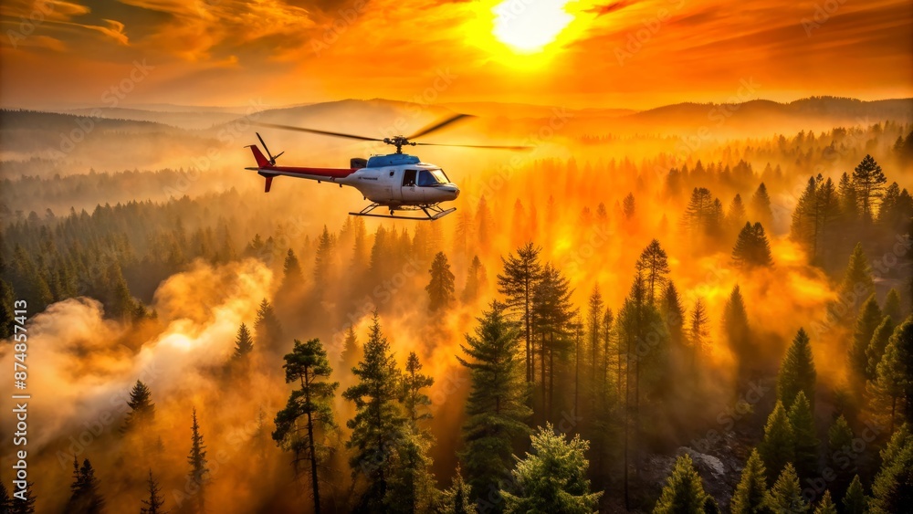 Aerial helicopter flight amidst vibrant orange sunset hues above haze-shrouded forest landscape, emphasizing wildfire surveillance. Aerial helicopter flight amidst vibrant orange sunset hues above haze-shrouded forest landscape, emphasizing wildfire surveillance.