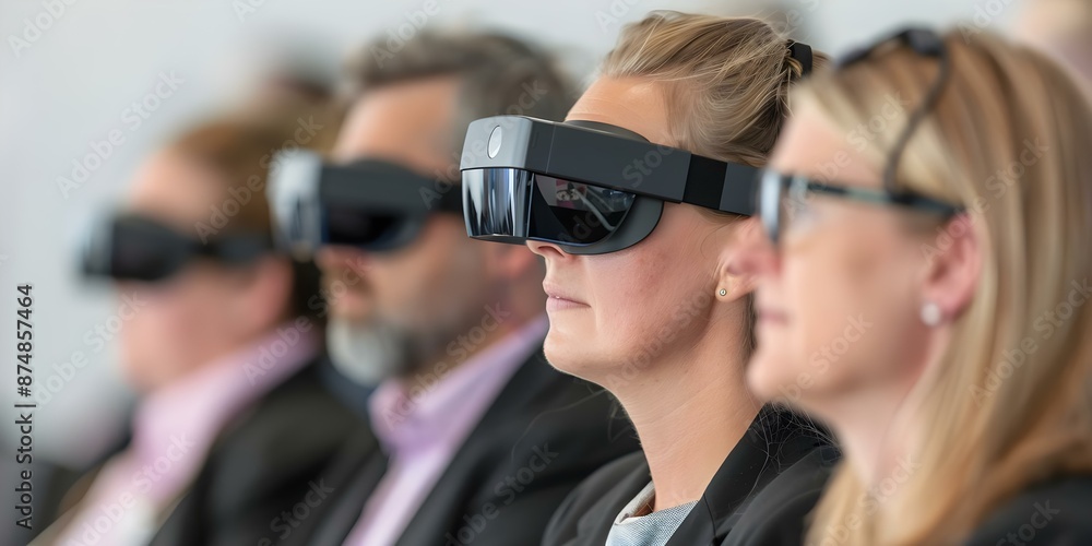 Virtual Conference Attendees Utilize Augmented Reality Glasses for Networking. Concept Augmented Reality Glasses, Virtual Conference, Networking, Technology, Attendees Virtual Conference Attendees Utilize Augmented Reality Glasses for Networking. Concept Augmented Reality Glasses, Virtual Conference, Networking, Technology, Attendees