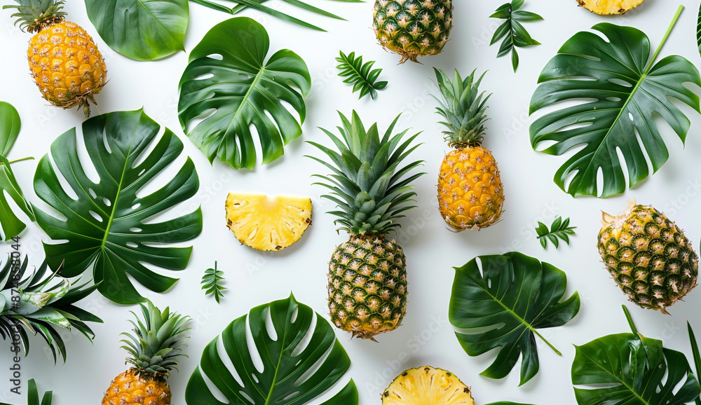 Fototapeta premium Pineapple and tropical leaves on a white background