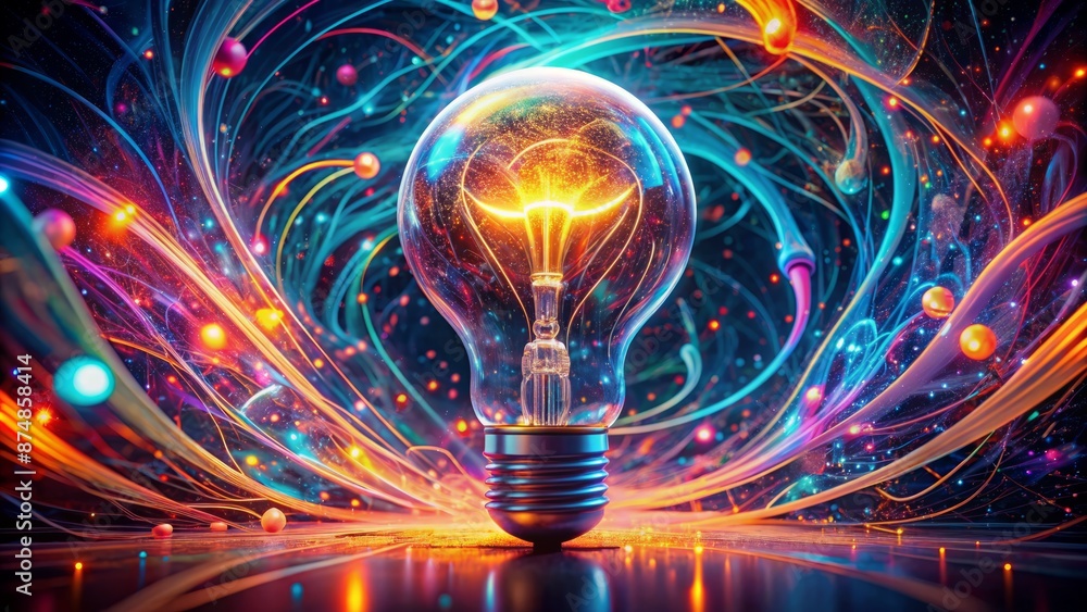 Vibrant neon light bulb glows amidst swirling abstract digital illustration with mesmerizing glowing shapes and futuristic ambiance. Vibrant neon light bulb glows amidst swirling abstract digital illustration with mesmerizing glowing shapes and futuristic ambiance.