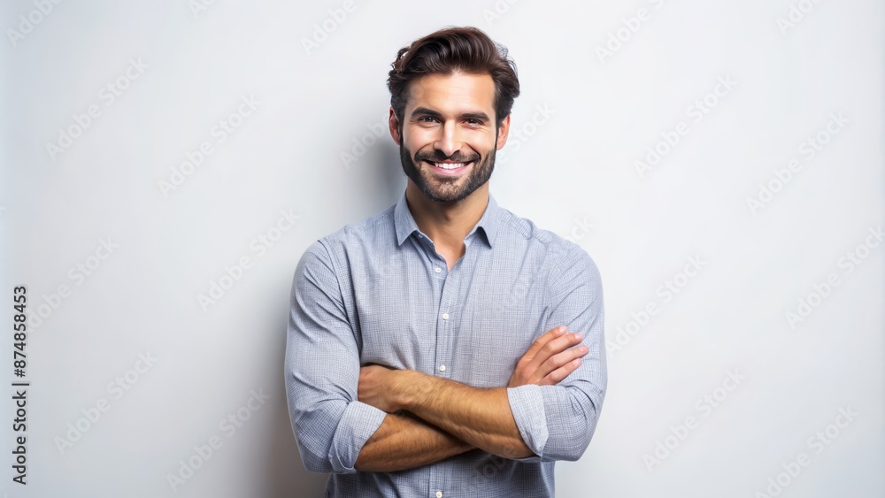 Obraz premium Casual attire clad confident male with crossed arms and radiant smile against pristine white studio backdrop exudes optimistic charisma.
