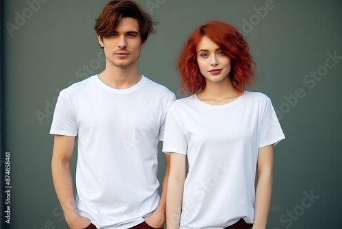 Young couple in white t-shirts on a gray background.