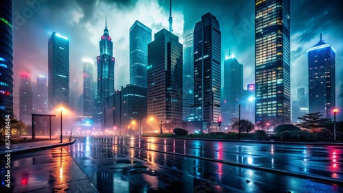 Moody nighttime cityscape with dimly lit skyscrapers, foggy mist-shrouded streets, and vibrant neon lights reflecting off wet asphalt pavement.