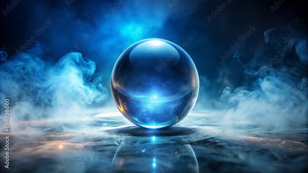 Magnificent isolated blue crystal ball on a dark gradient background with soft misty fog and subtle glow emanating from within. Magnificent isolated blue crystal ball on a dark gradient background with soft misty fog and subtle glow emanating from within.