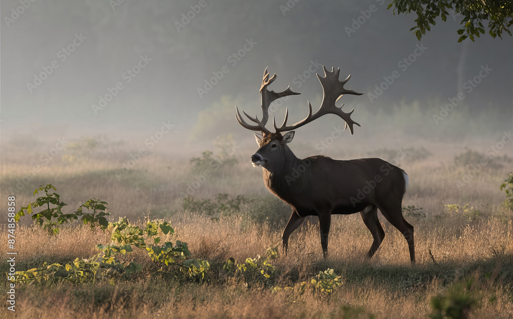 Fototapeta premium Majestic elk with impressive antlers graze in a wild meadow