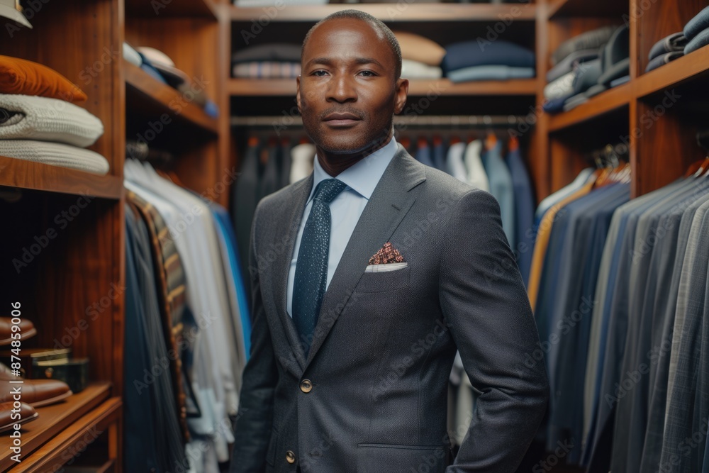 Elegant African-American Businessman in Tailored Suit Standing in Bespoke Wardrobe. Luxury menswear boutique Elegant African-American Businessman in Tailored Suit Standing in Bespoke Wardrobe. Luxury menswear boutique