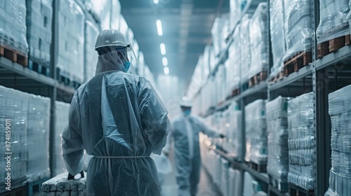 Workers in protective clothing handling frozen food packages in a cold storage facility, with frost-covered walls.