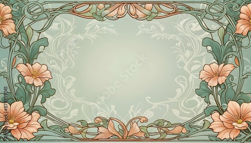Vintage Aesthetic beautiful elegant Art nouveau Floral ornamental frame on soft pastel green copy space background modernism style illustration for wallpaper, presentation, design 