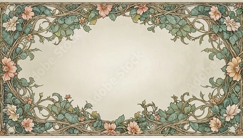Vintage Aesthetic beautiful elegant Art nouveau Floral ornamental frame on soft pastel green copy space background modernism style illustration for wallpaper, presentation, design 