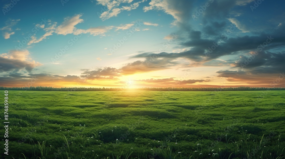 Grass field with sunset in the background, summer field