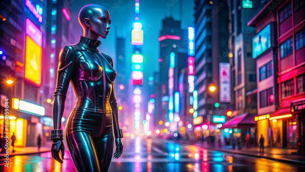 Urban nightlife ambiance with sleek leather-clad mannequin posed alone on empty street surrounded by vibrant neon lights and blurred cityscape. Urban nightlife ambiance with sleek leather-clad mannequin posed alone on empty street surrounded by vibrant neon lights and blurred cityscape.