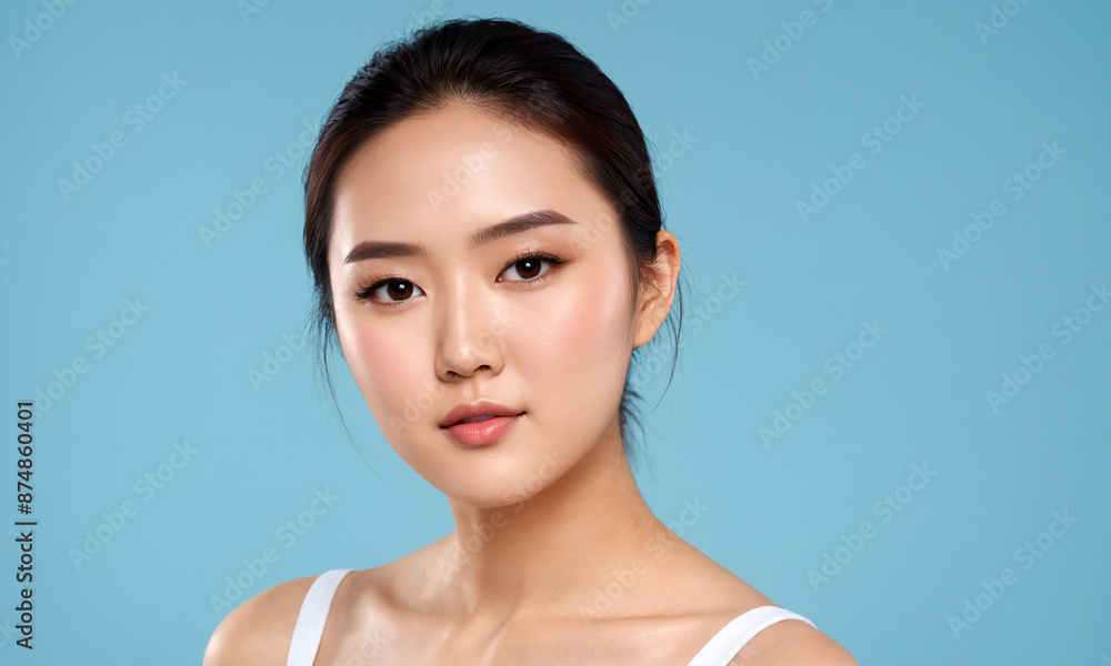 Beautiful young asian woman posing on blue background Beautiful young asian woman posing on blue background