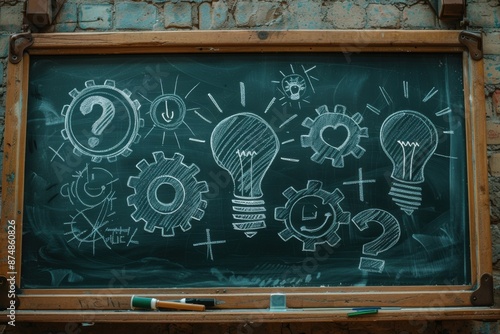 Creative Chalkboard with Lightbulb and Gear Drawings Representing Innovation and Ideas