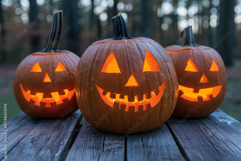 Fototapeta premium Three Glowing Jack-O'-Lanterns on Wooden Table in Forest Setting During Twilight