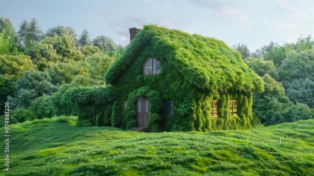 Fototapeta premium Enchanting House Covered in Lush Greenery Amidst a Serene Forest Landscape on a Sunny Day