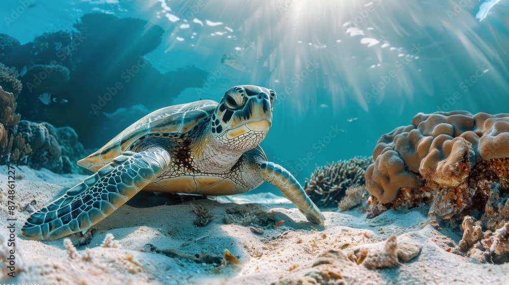 Obraz premium Tranquil Sea Turtle Resting Among Coral Formations in Natural Underwater Habitat