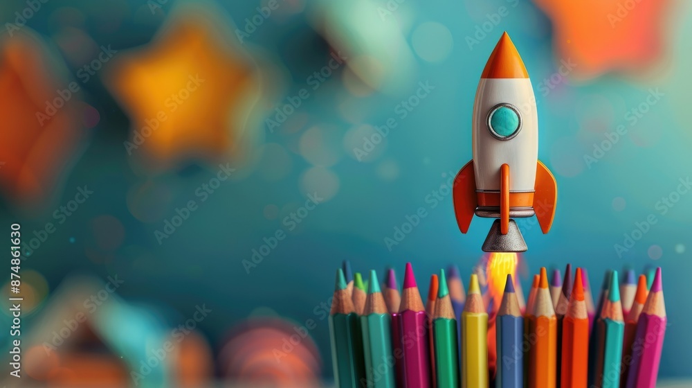 Colorful Rocket Launching from Pencils with Blurred Stars Background - Creativity, Innovation, Education Concept Colorful Rocket Launching from Pencils with Blurred Stars Background - Creativity, Innovation, Education Concept