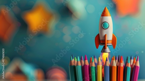 Colorful Rocket Launching from Pencils with Blurred Stars Background - Creativity, Innovation, Education Concept